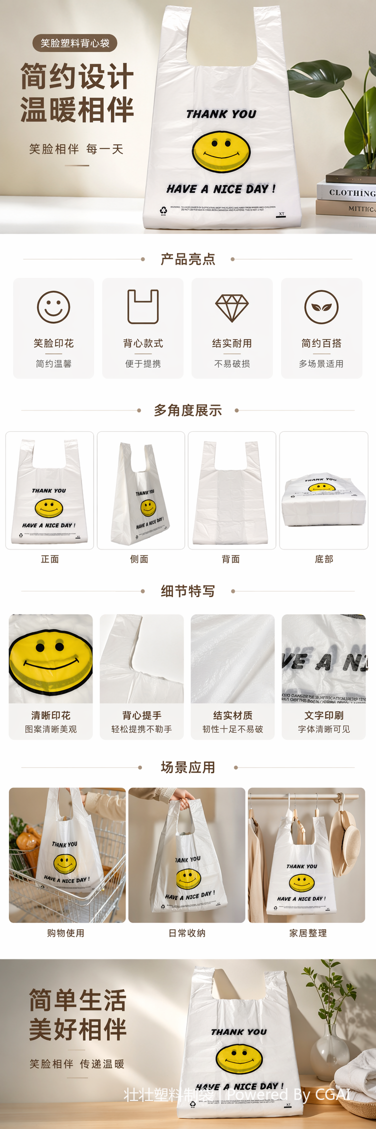 55*84白色塑料背心袋印黄色笑脸超市包装袋详情1