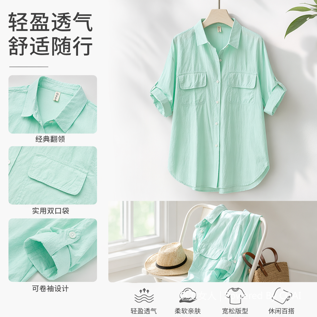 Double-pocket solid color front-opening short-sleeved shirt casual 2025 summer new style outerwear shirt loose thin top for women Specification image