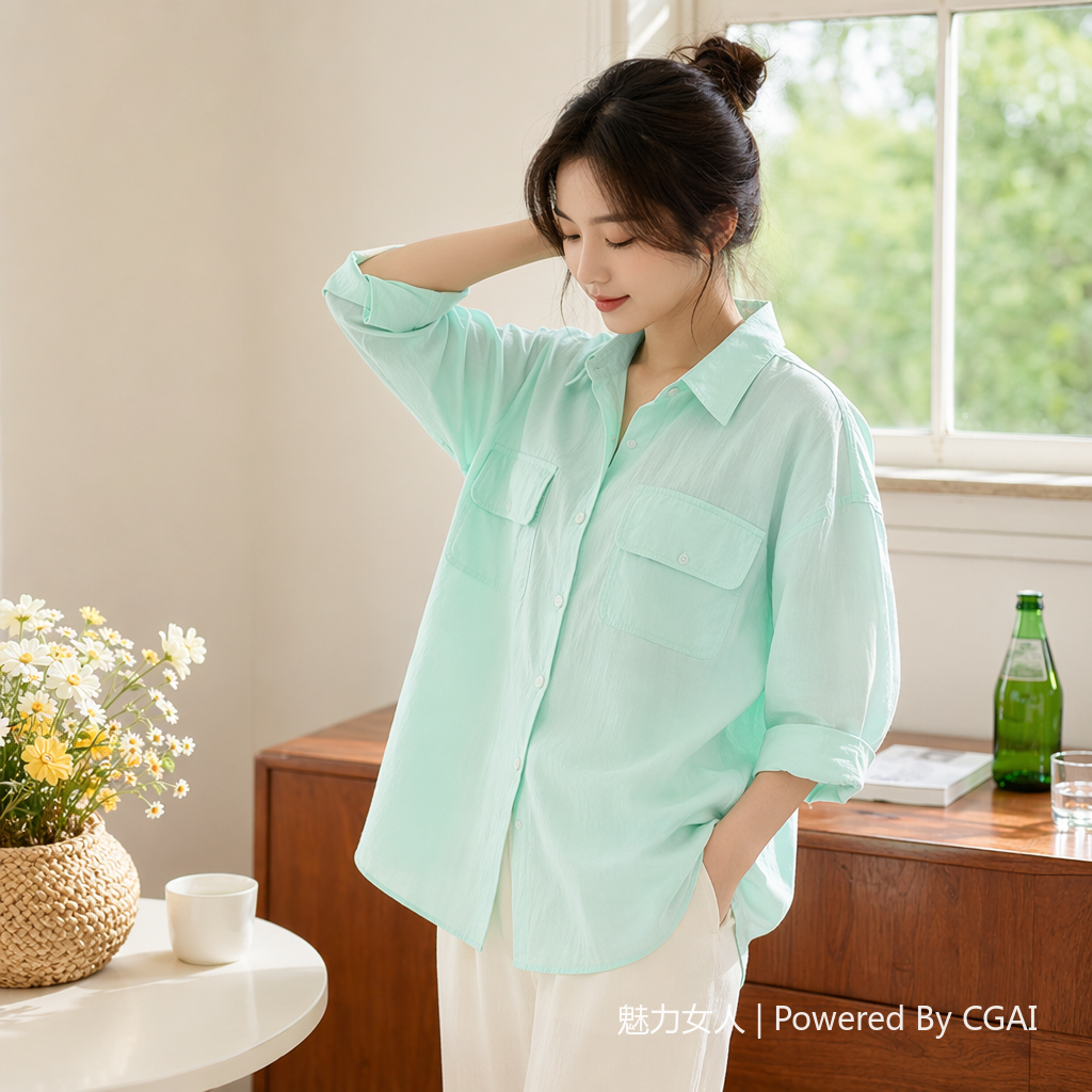 Double-pocket solid color front-opening short-sleeved shirt casual 2025 summer new style outerwear shirt loose thin top for women