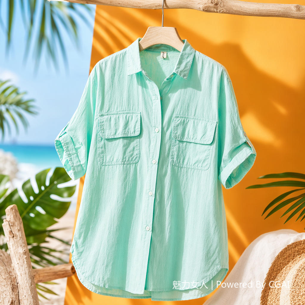 Double-pocket solid color front-opening short-sleeved shirt casual 2025 summer new style outerwear shirt loose thin top for women details Picture