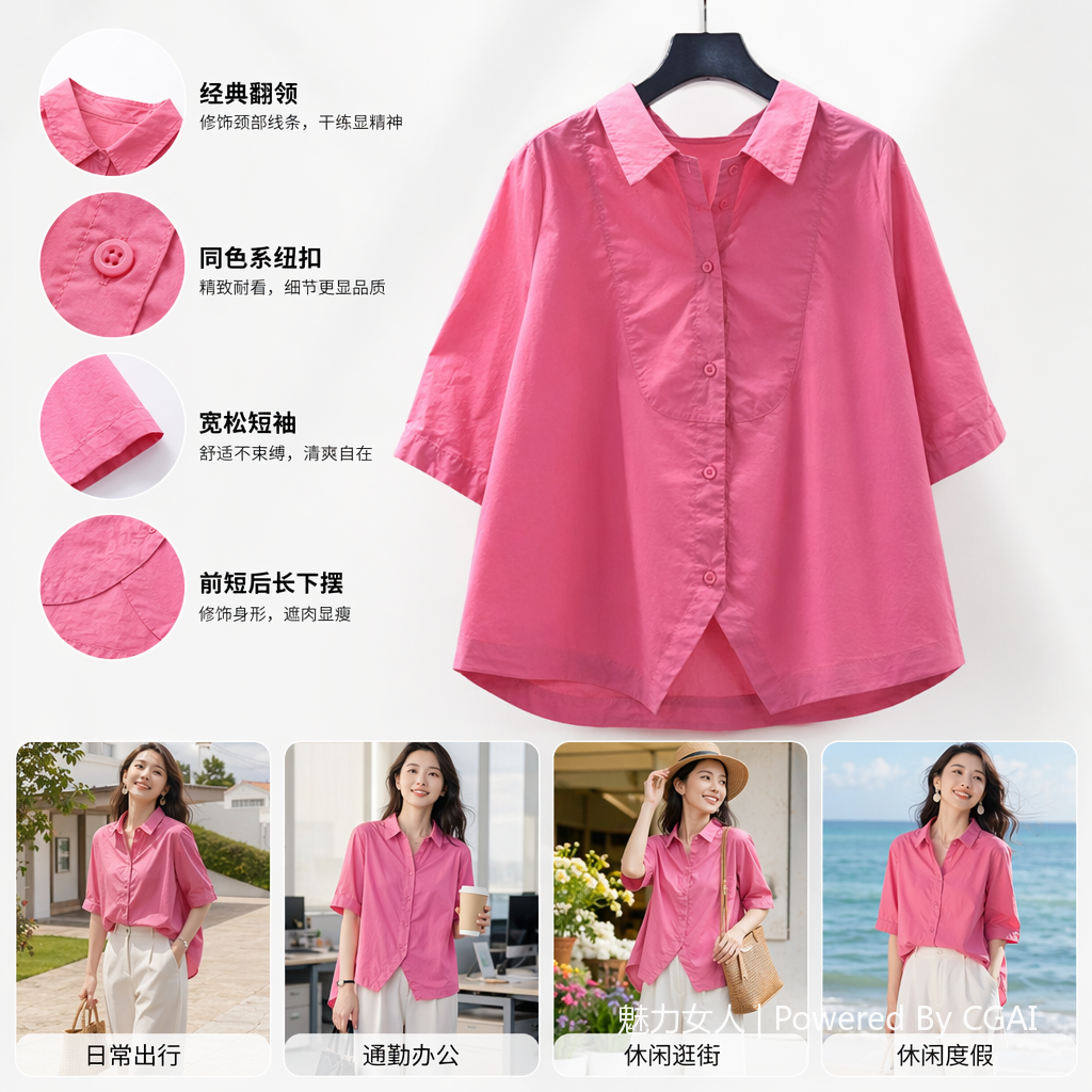A fresh and artistic style women's 7-quarter sleeve casual shirt, a new summer 2025 versatile and elegant top Specification image