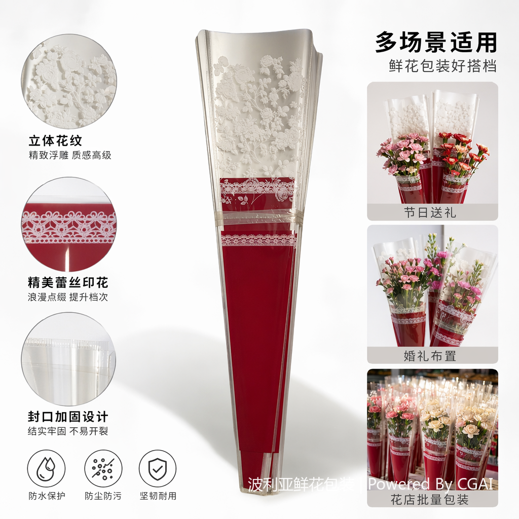 红色蕾丝鲜花包装纸 雪梨纸包花纱花束包装用品