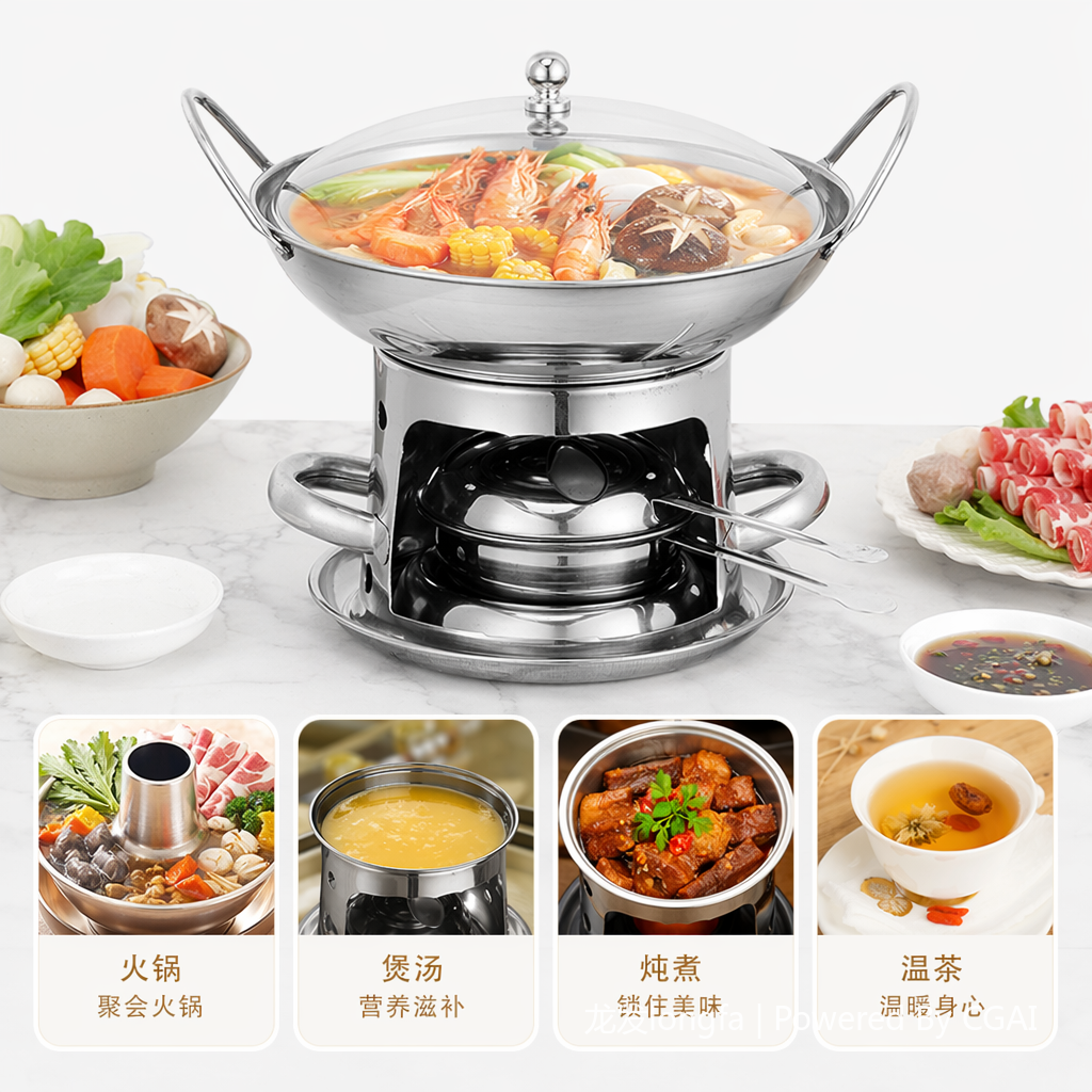 不锈钢火锅炉具 酒精锅炉煤气灶两用锅塔式炉套装10寸