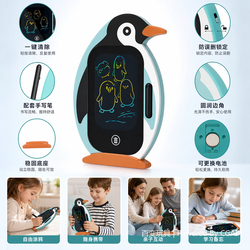 BB4502-3C Versatile toy manufacturer direct supply of colorful penguin-shaped LED children's cartoon writing tablet Item Picture