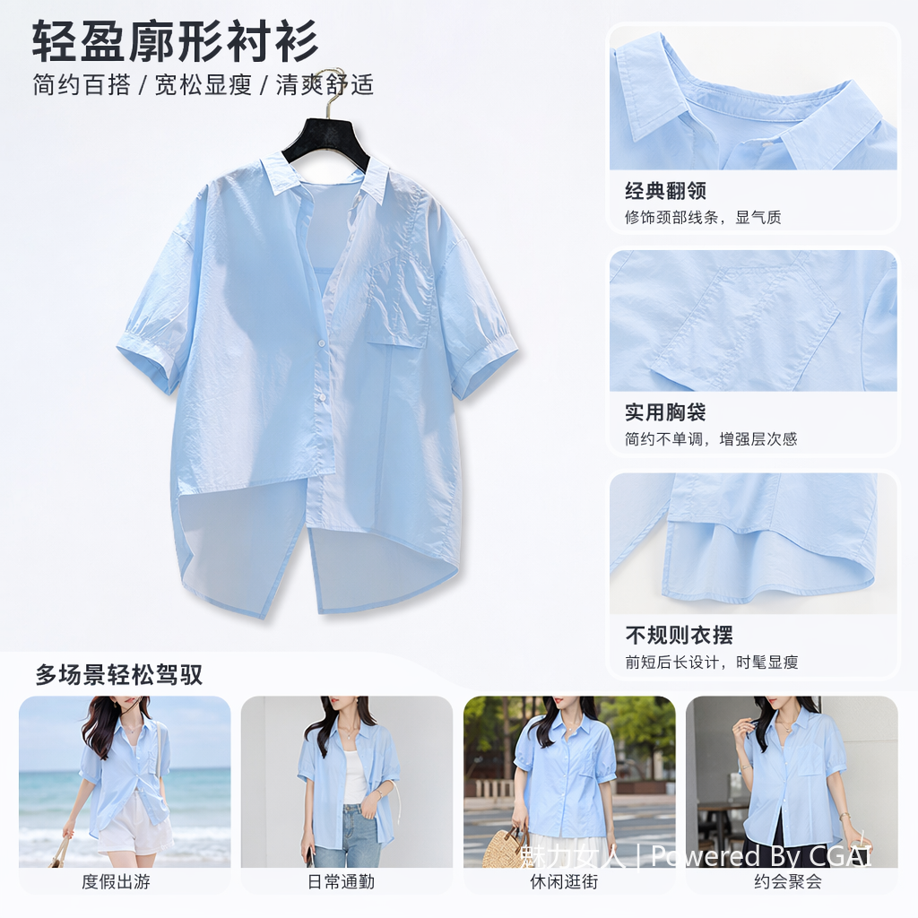 A fresh and artistic style women's 7-inch sleeve casual shirt 2025 summer new style versatile and elegant top 093003487 Specification image