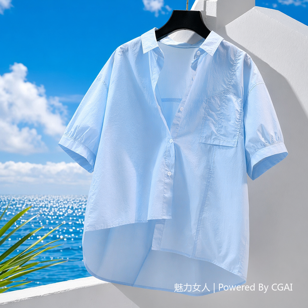 A fresh and artistic style women's 7-inch sleeve casual shirt 2025 summer new style versatile and elegant top 093003487 details Picture