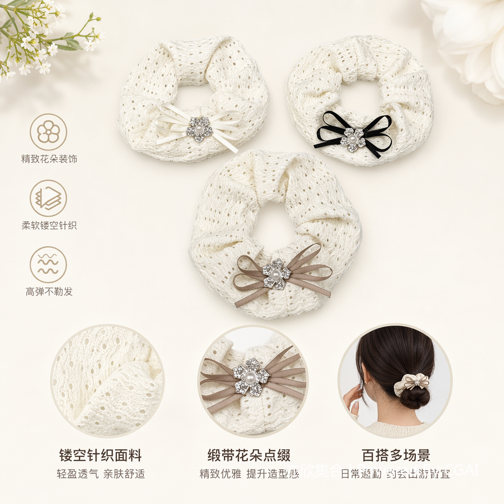 White hollowed-out knitted large intestine hair band for women in Korean style with bow crystal flower hair accessory