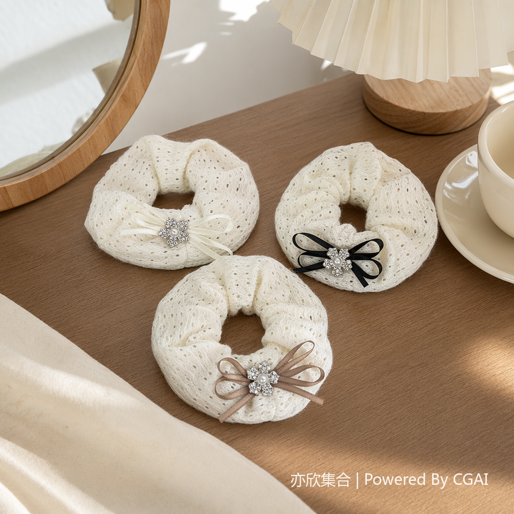 White hollowed-out knitted large intestine hair band for women in Korean style with bow crystal flower hair accessory details Picture