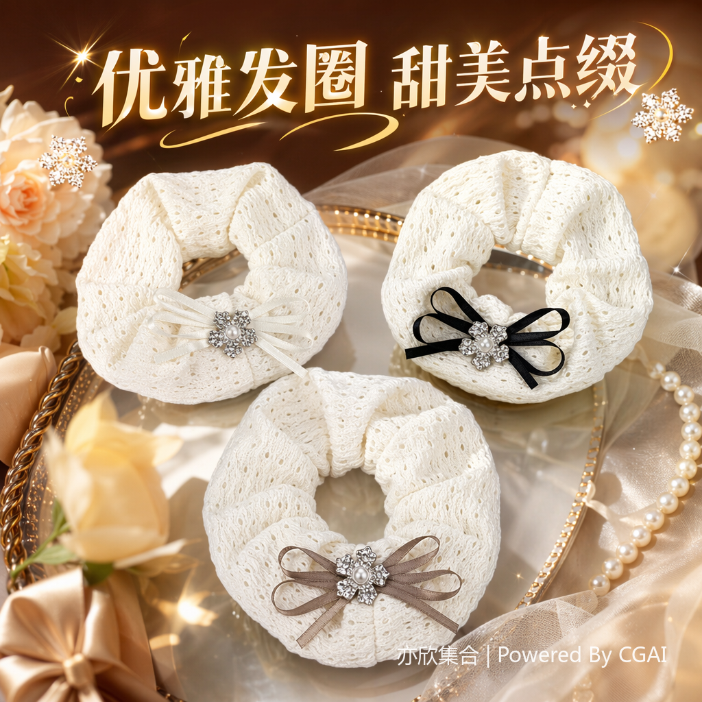 White hollowed-out knitted large intestine hair band for women in Korean style with bow crystal flower hair accessory Specification image