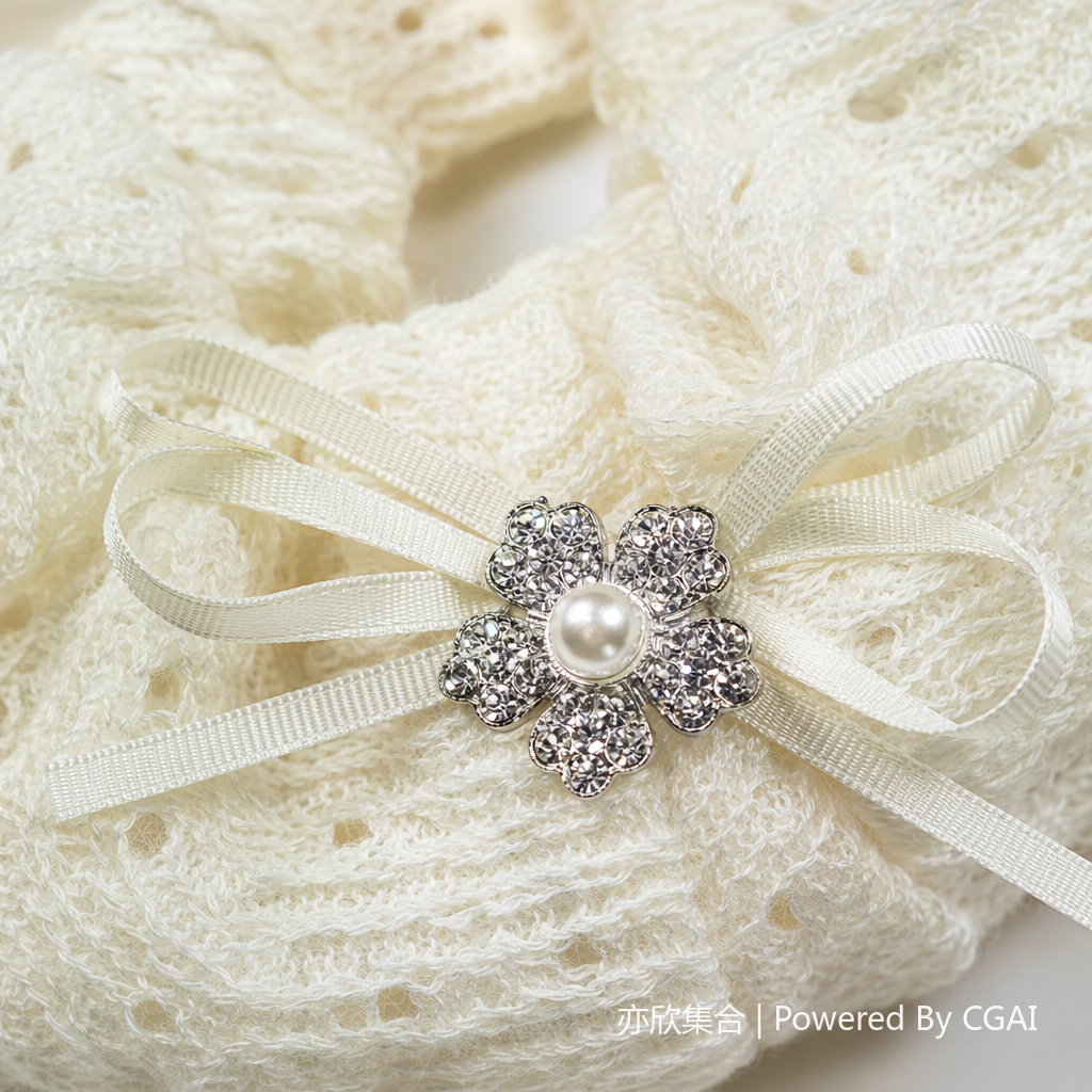 White hollowed-out knitted large intestine hair band for women in Korean style with bow crystal flower hair accessory Application Scenario