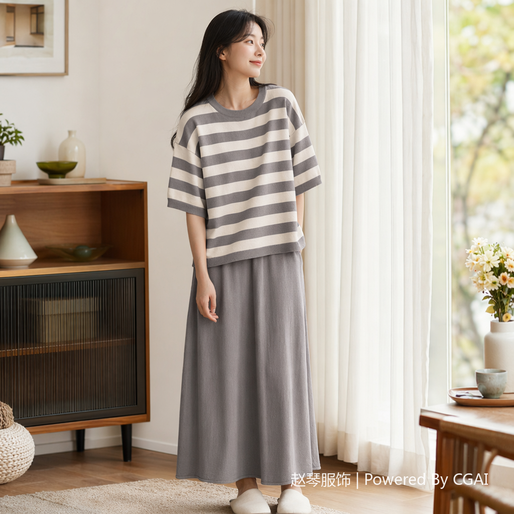 亚马逊欧美跨境新款女装时尚套装短袖T桖+半身裙针织两件套夏季女105924747