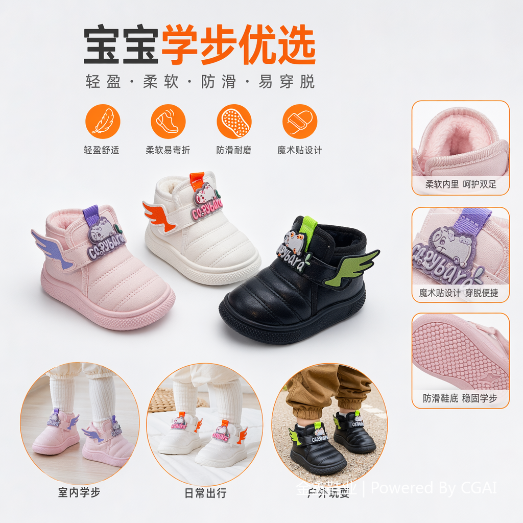 儿童翅膀卡通魔术贴雪地靴棉鞋雪地靴