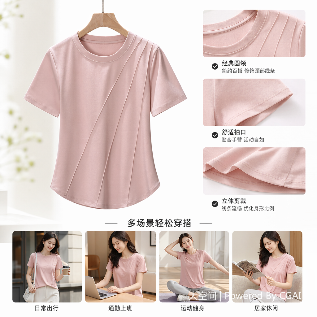 This new pure cotton T-shirt for chubby girls is versatile, slimming, and has a straight shoulder. It features a summer hem, a round neck, and an irregular fishbone shape. It is a short-sleeved women's T-shirt Specification image