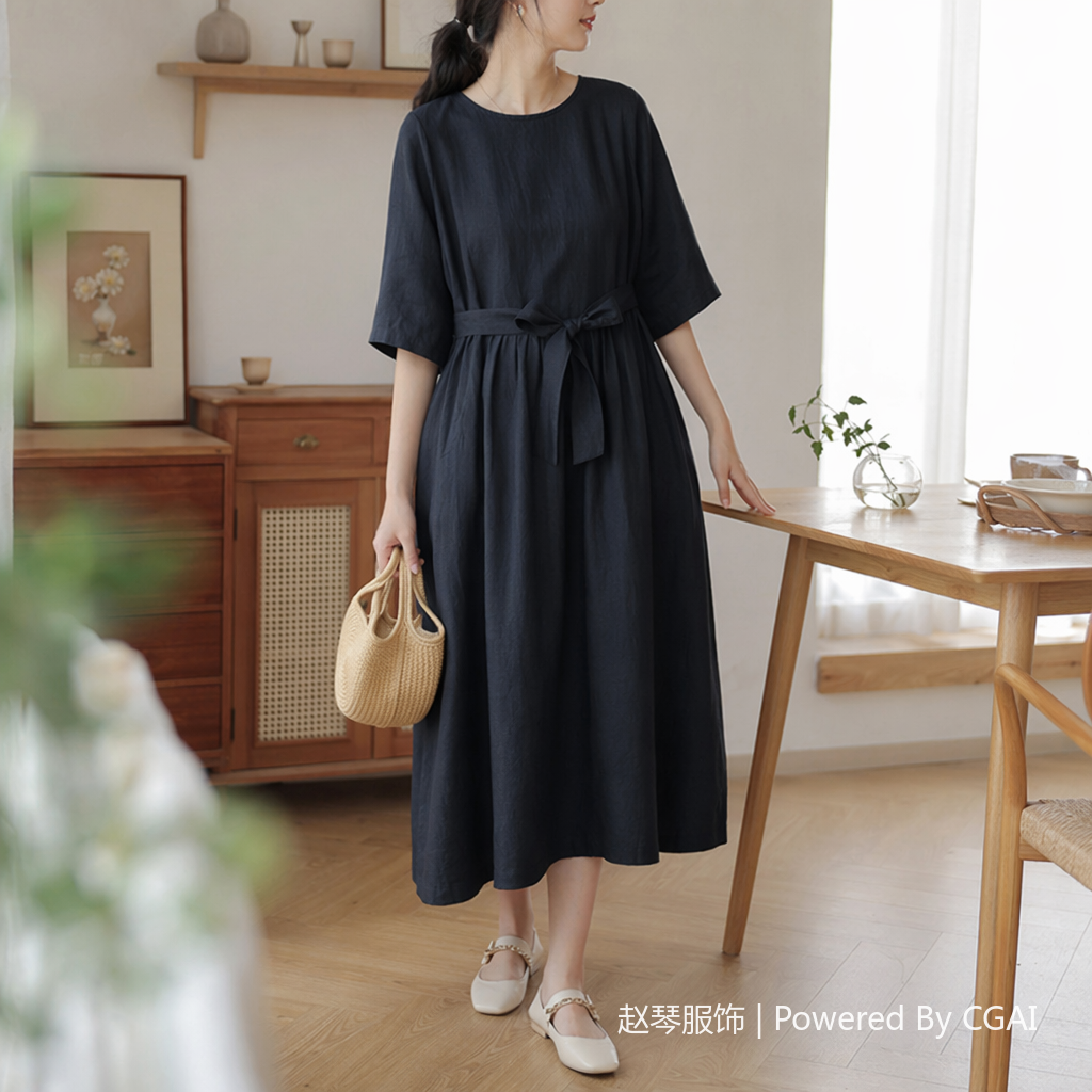 深蓝色亚麻冰凉丝女装连衣裙欧美风格