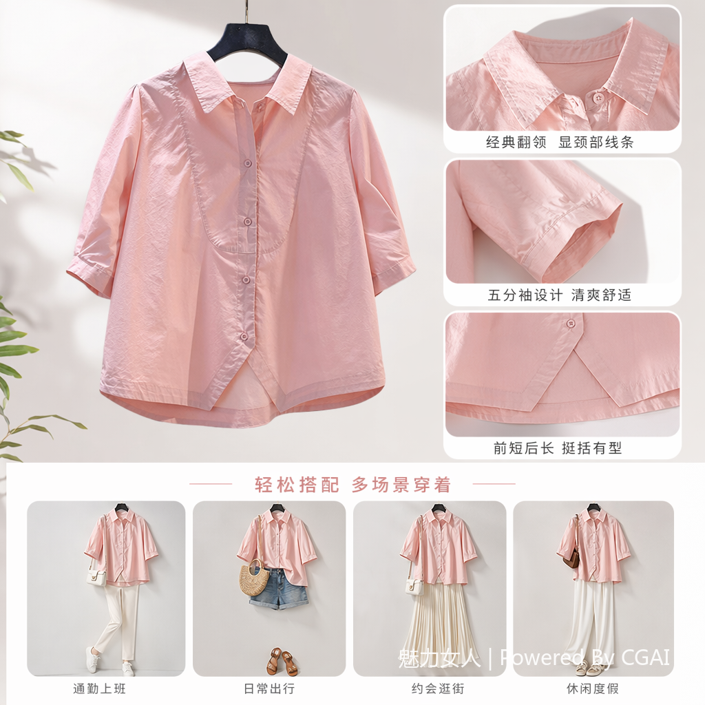 A fresh and artistic style women's 7-inch sleeve casual shirt 2025 summer new style versatile and elegant top 092433420 Specification image