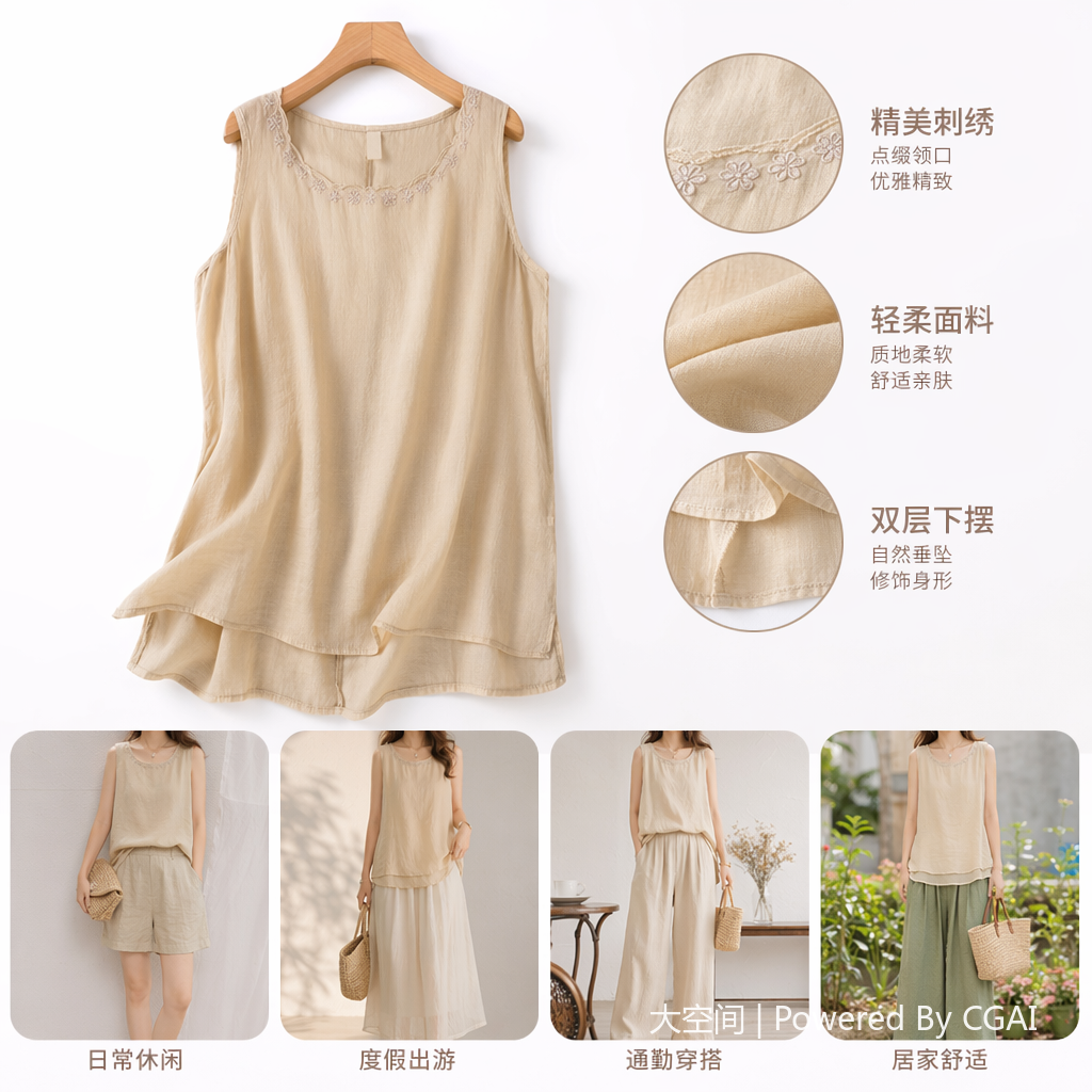 Artistic, retro and elegant sleeveless vest, summer new style cotton and linen, comfortable and versatile, round neck, inner layer and outer layer for women's wear 113733751 Specification image