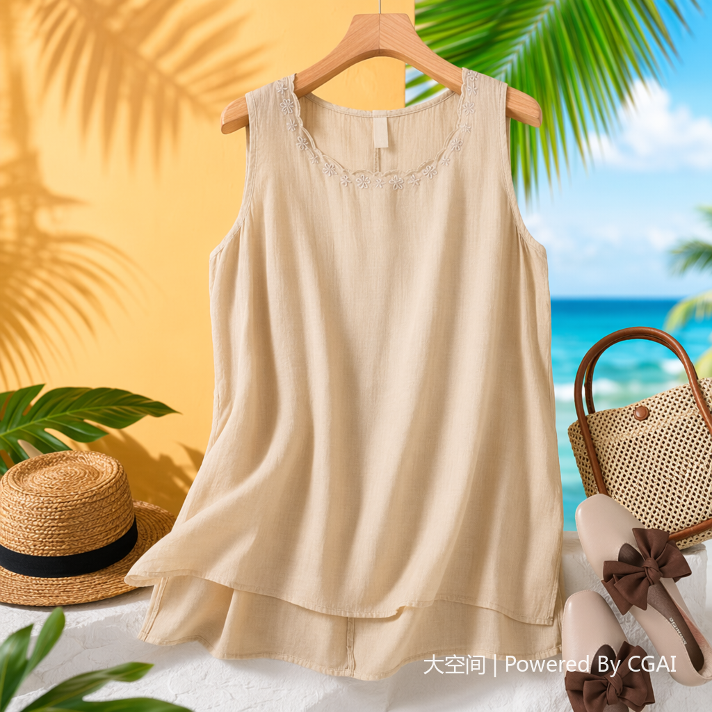 Artistic, retro and elegant sleeveless vest, summer new style cotton and linen, comfortable and versatile, round neck, inner layer and outer layer for women's wear 113733751 details Picture