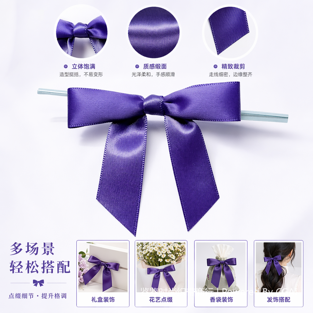 紫色丝带蝴蝶结发饰配件 白底实物图