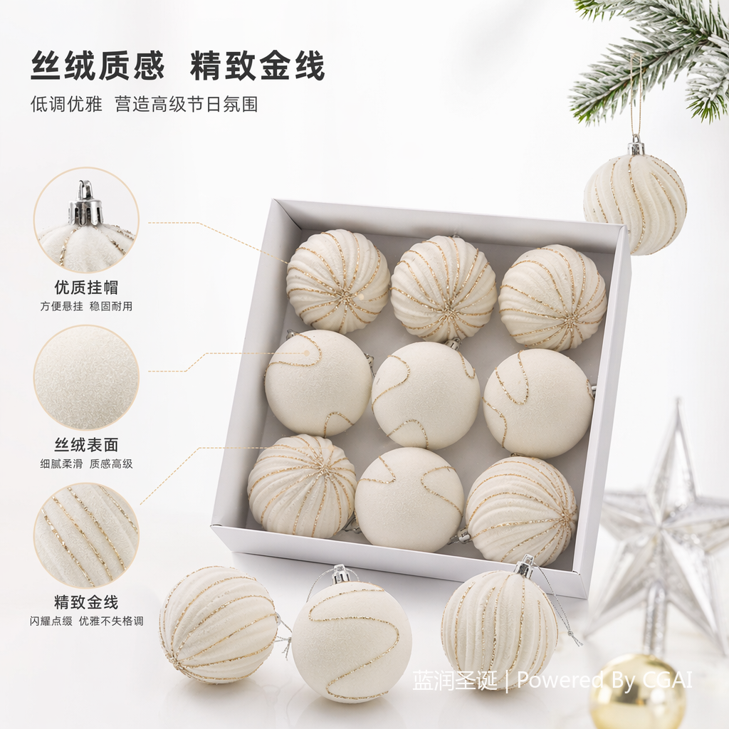 白色绒面金色线条圣诞装饰球