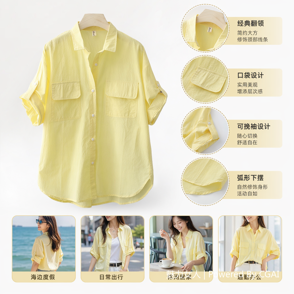 Double-pocket solid color front-opening short-sleeved shirt casual 2025 summer new style outerwear shirt Loose thin top for women 091211092 Specification image