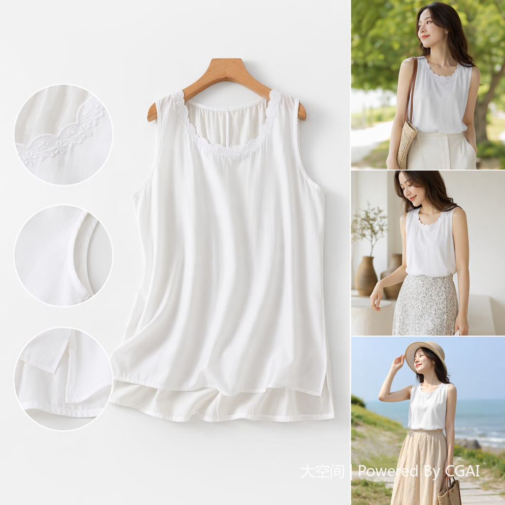 Artistic, retro and elegant sleeveless vest top, new summer style, cotton and linen, comfortable and versatile, round neck, inner and outer wear, women's wear 113403185 Specification image