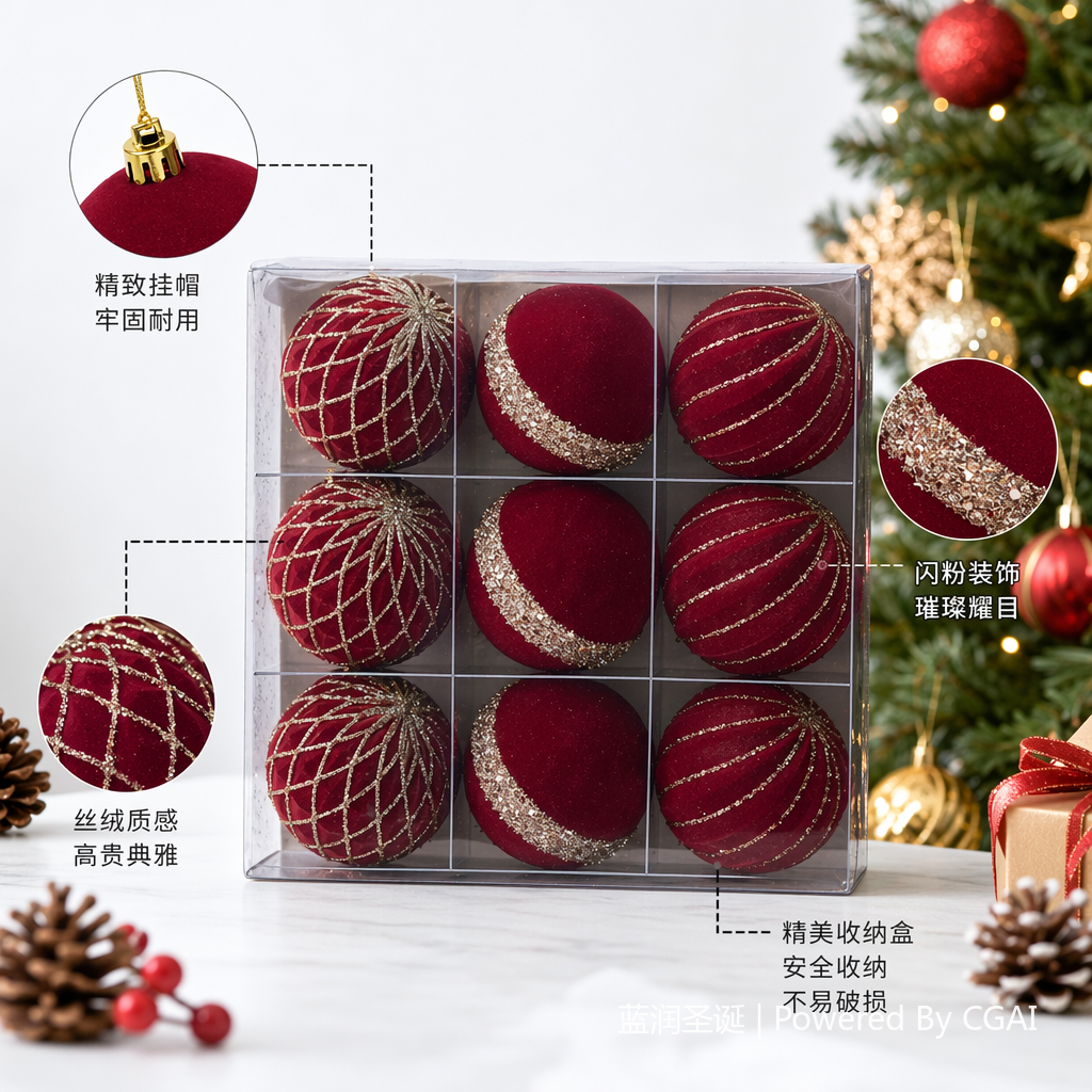 红色丝绒金色亮片圣诞球装饰品