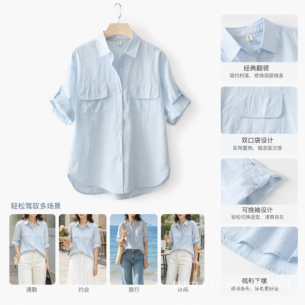 Light blue women's ramie short-sleeved formal shirt top, fashionable white shirt for women Specification image