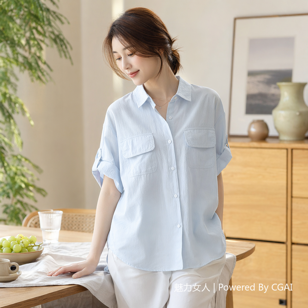 浅蓝色女装苎麻短袖正装衬衣 上衣女时尚白衬衣