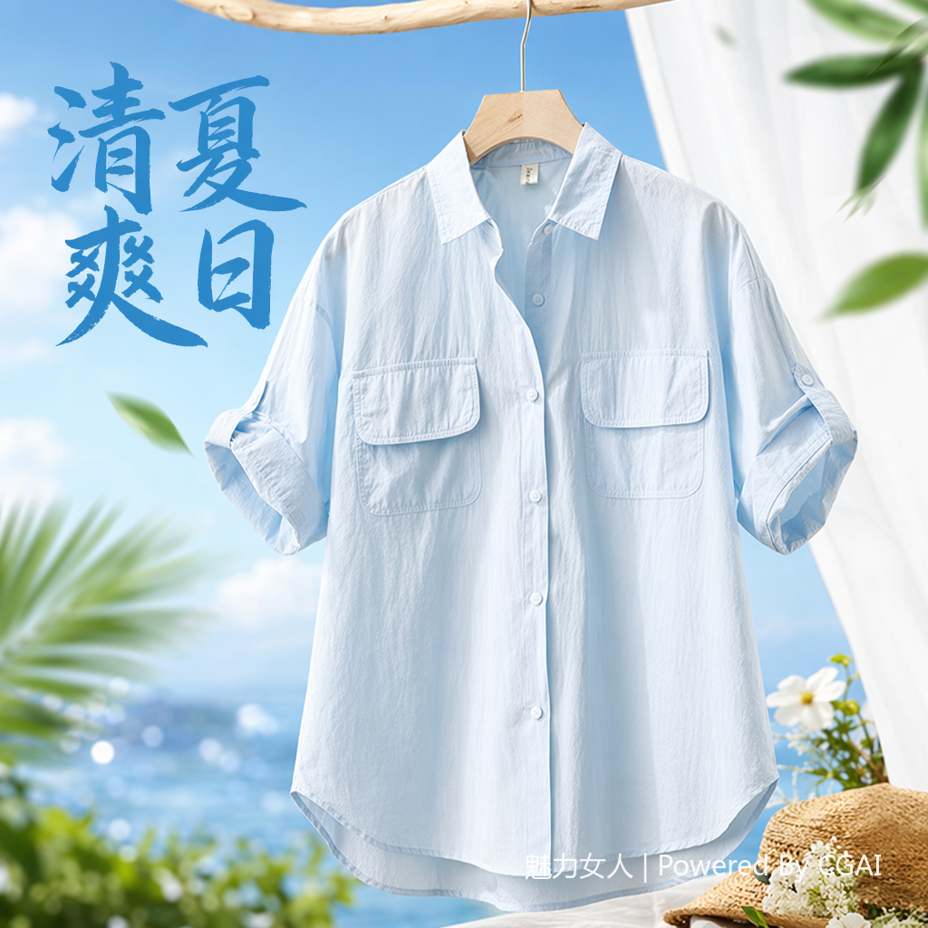 Light blue women's ramie short-sleeved formal shirt top, fashionable white shirt for women details Picture