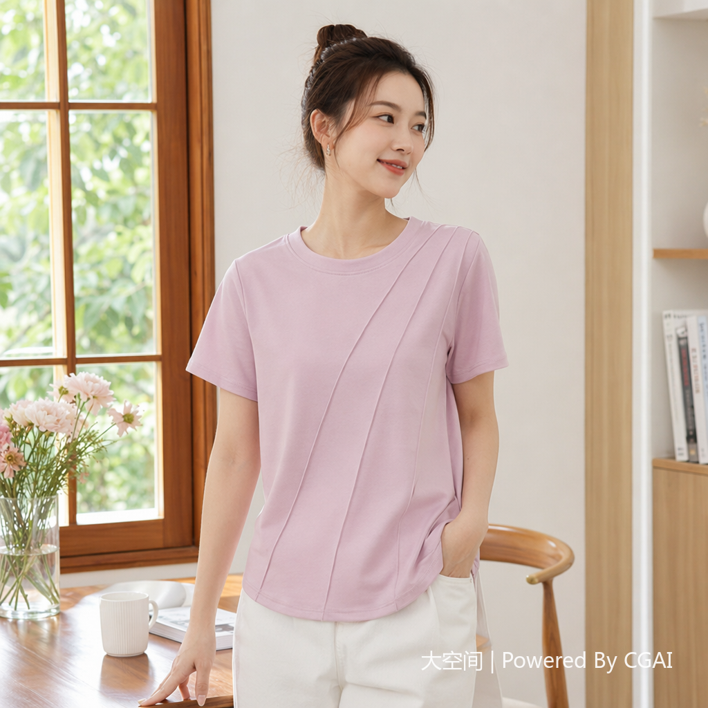 淡粉色女装宽松韩版T恤女跨境爆款衣服图