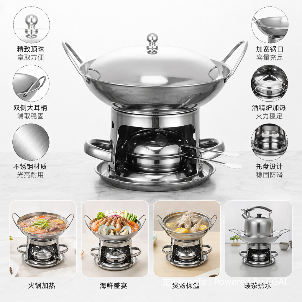 银色不锈钢火锅炉具 酒精煤气双用锅 家庭聚餐便携式火锅锅具塔式炉套装9寸