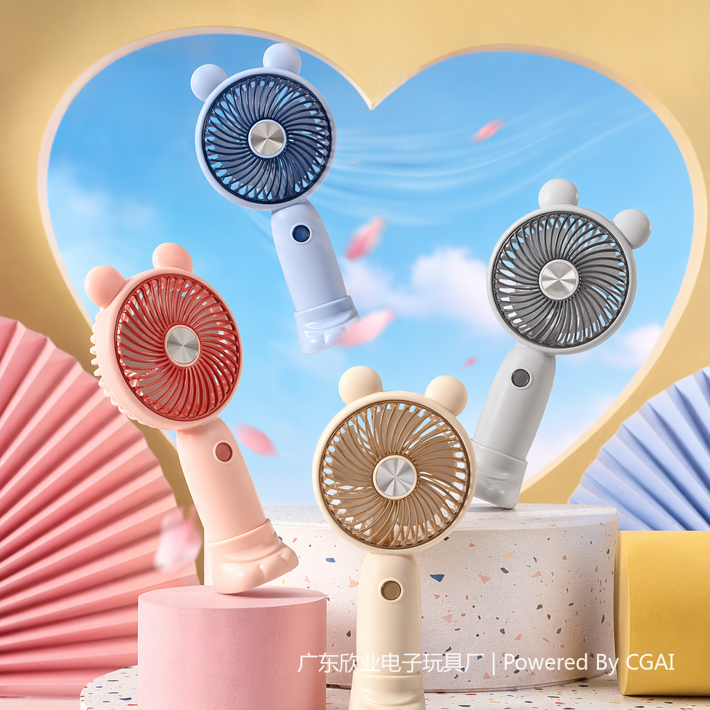 آذان الدب الملونة مع مروحة صغيرة محمولة في الصيف Specification image
