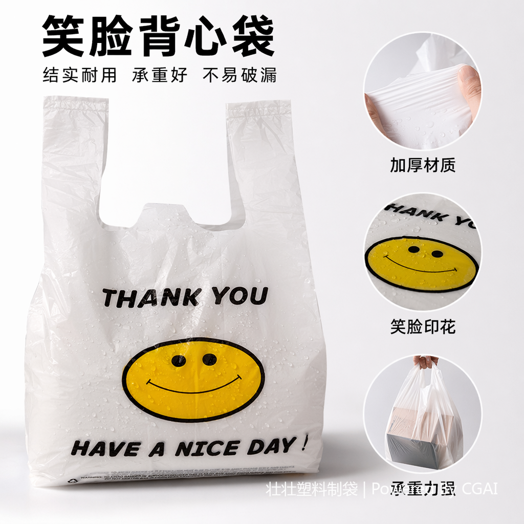 55*84白色塑料背心袋印黄色笑脸超市包装袋图