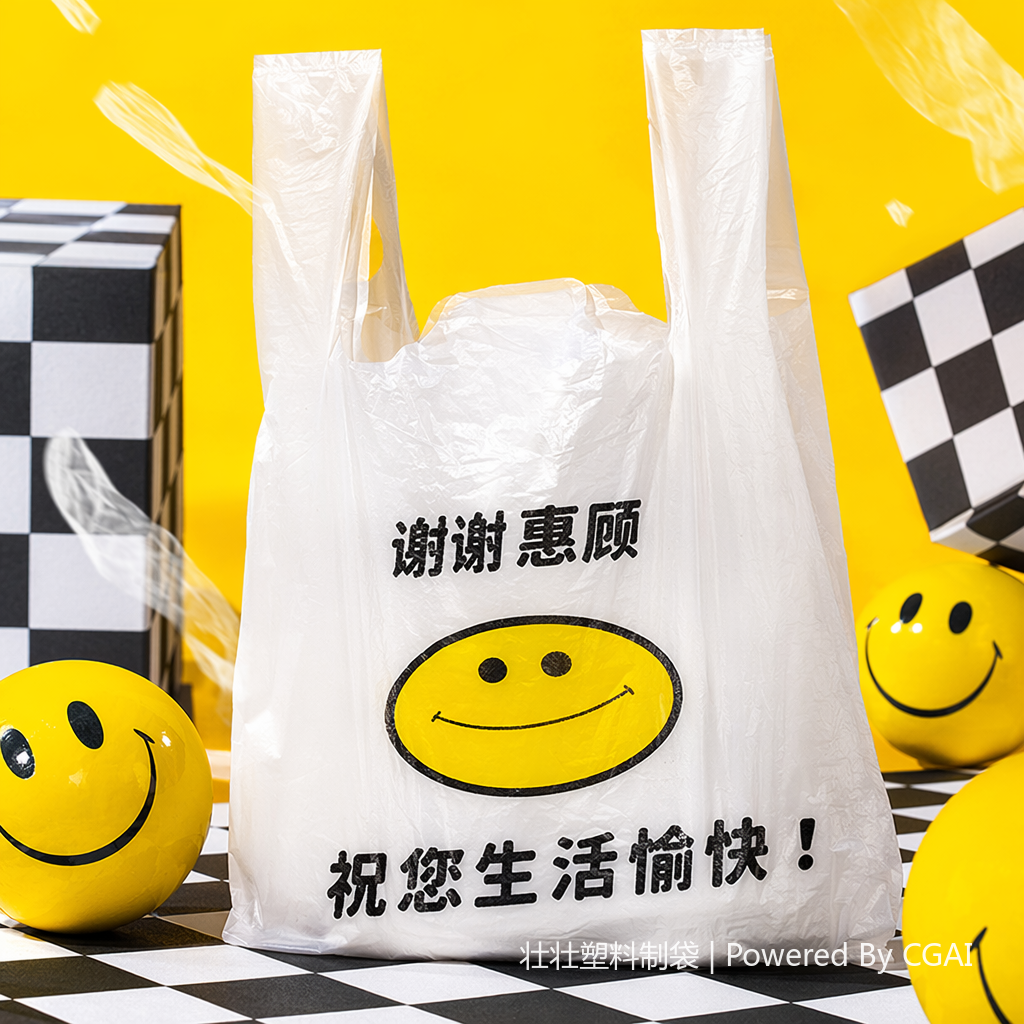 55*84白色塑料背心袋印黄色笑脸超市包装袋详情4