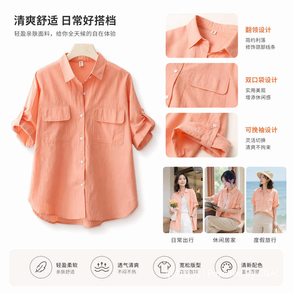 Double-pocket solid color front-opening short-sleeved shirt casual 2025 summer new style outerwear shirt Loose thin top for women 091422130 Specification image