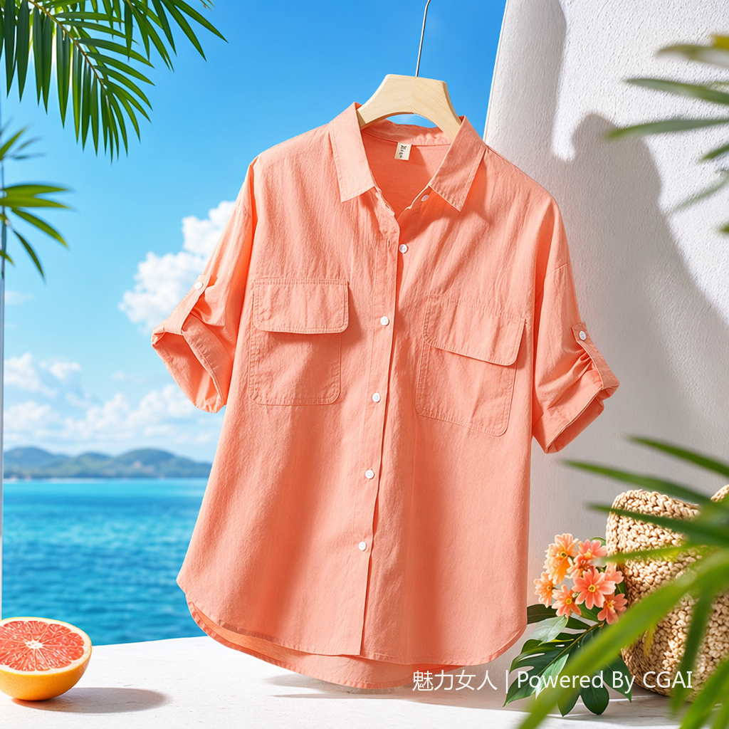 Double-pocket solid color front-opening short-sleeved shirt casual 2025 summer new style outerwear shirt Loose thin top for women 091422130 details Picture