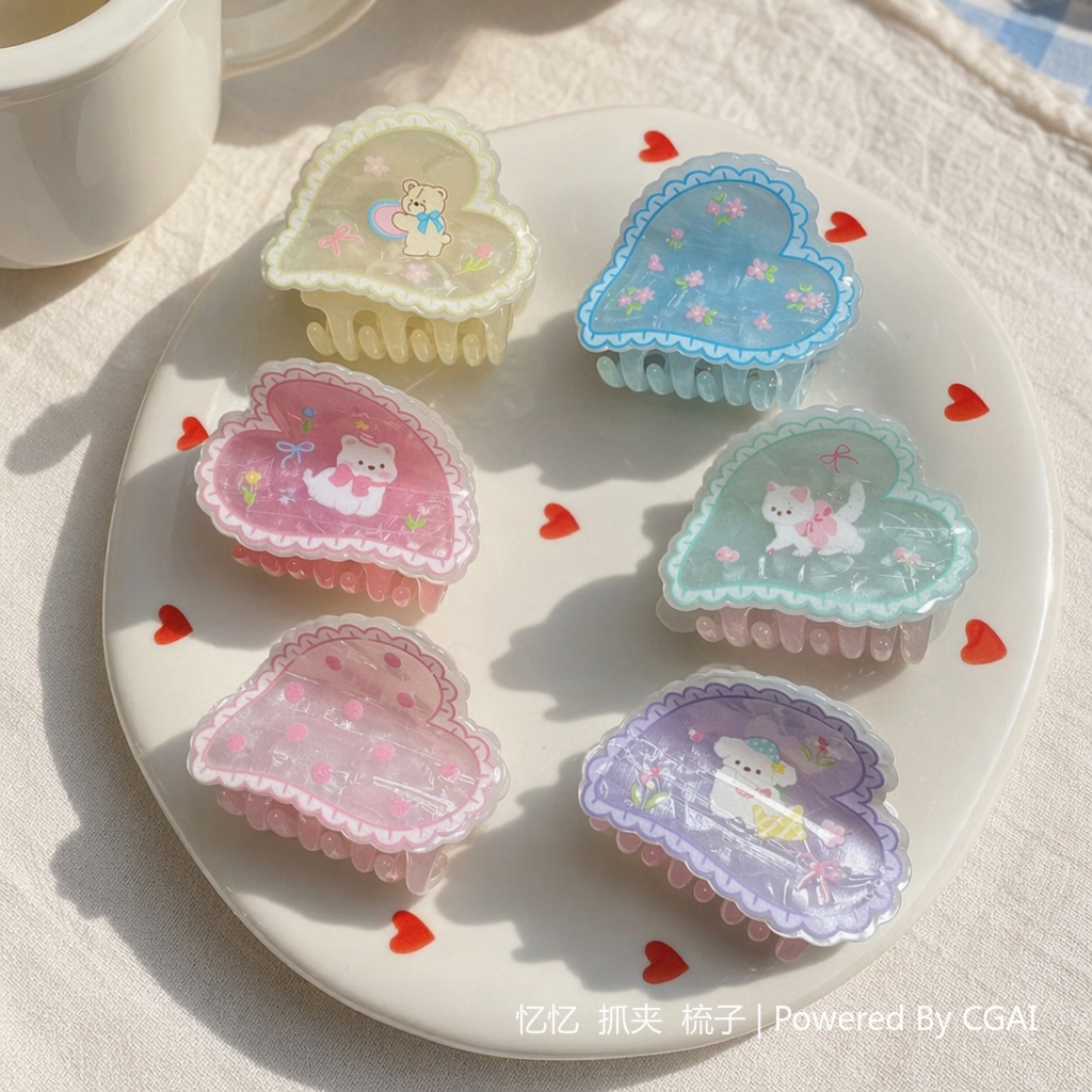 Colorful heart-shaped cartoon children's hair clips, shark clips and hair accessories details Picture