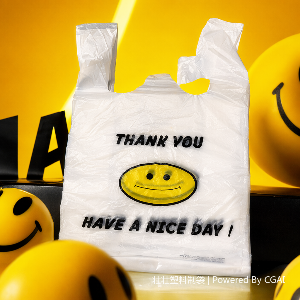 26*40 plastic vest bag with smiling face pattern, supermarket packaging bag Specification image