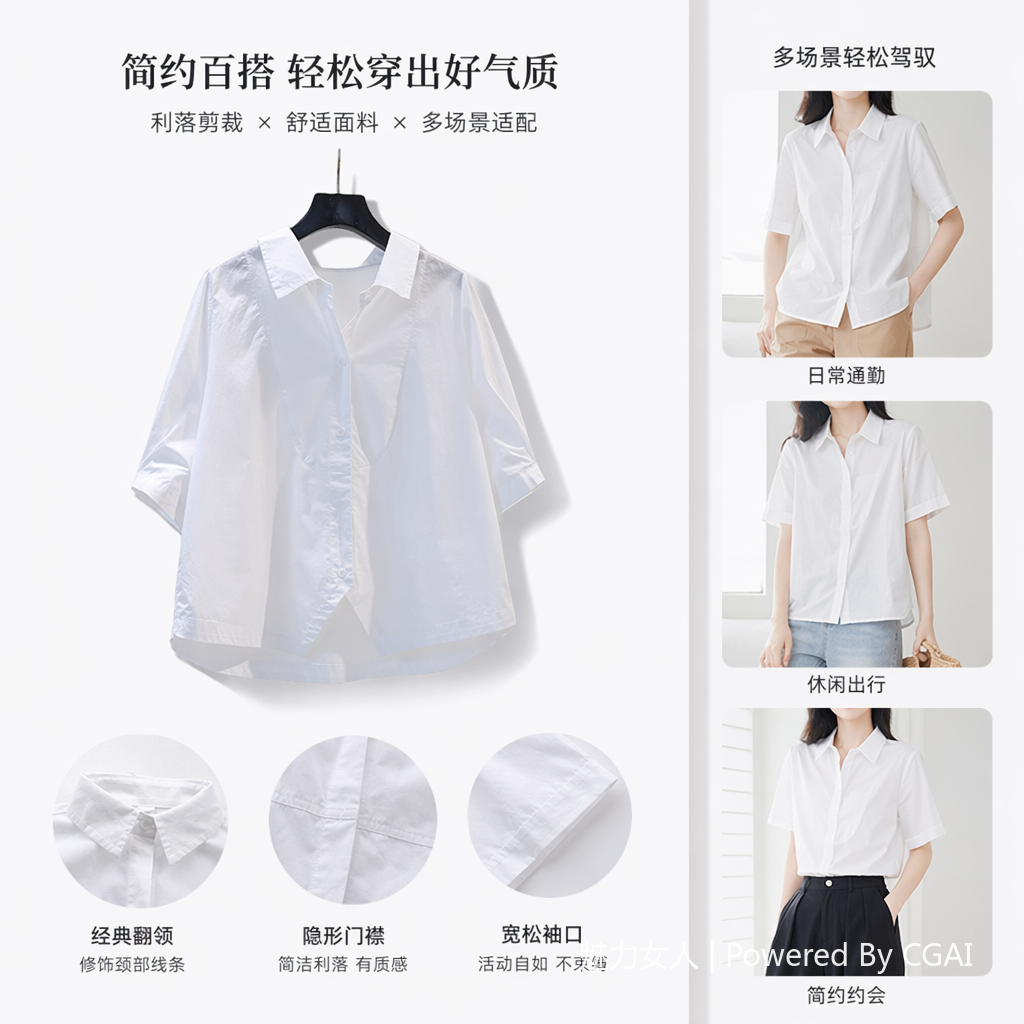 A fresh and artistic style women's 7-inch sleeve casual shirt 2025 summer new style versatile and elegant top 092222889 Specification image