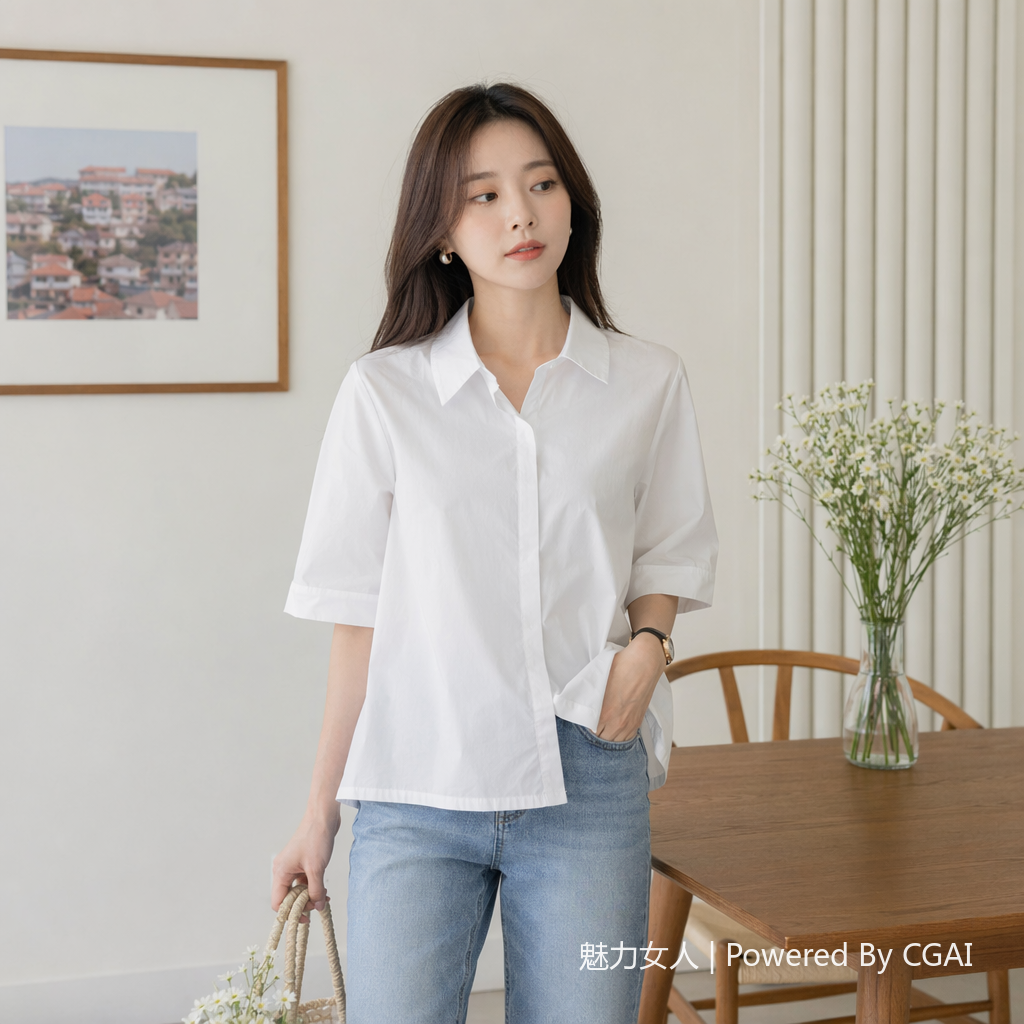 小清新文艺范衬衣女7分袖休闲衬衫2025夏季新款百搭气质上衣092222889