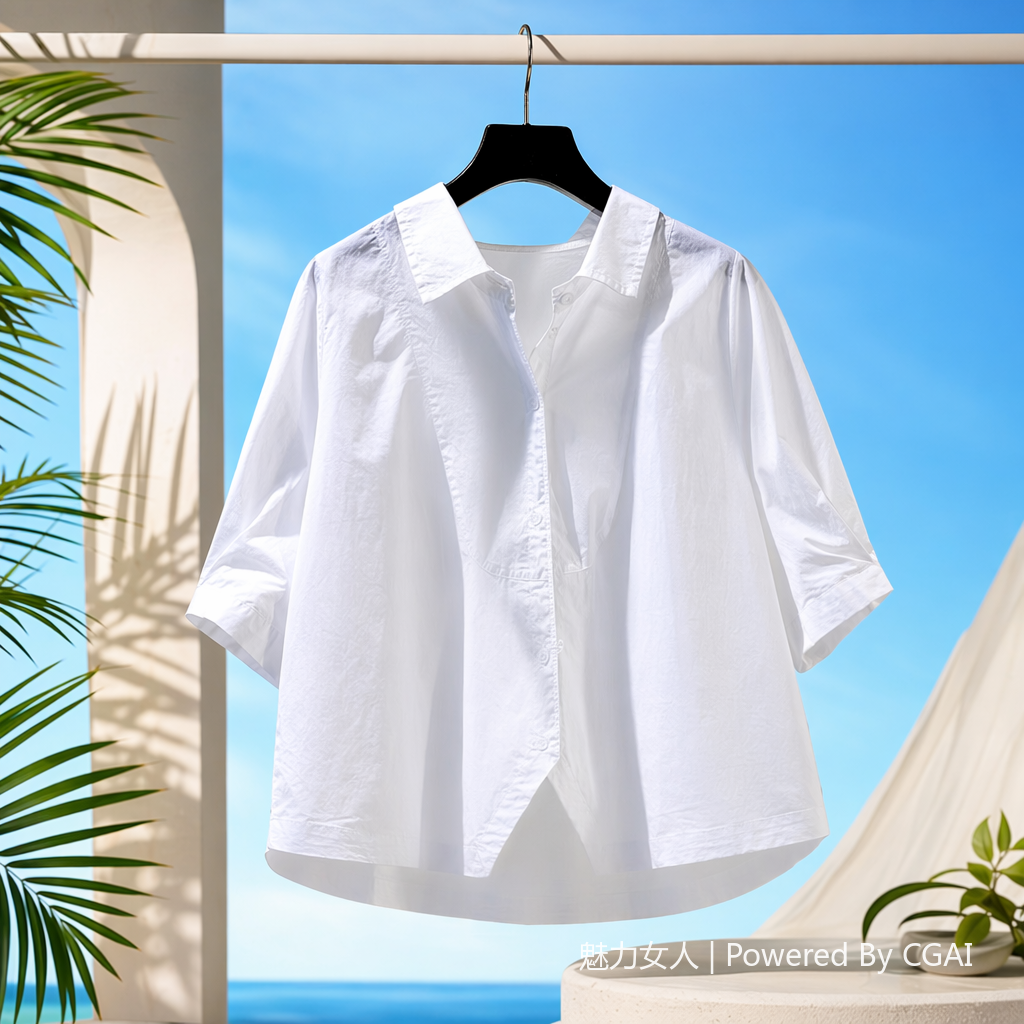A fresh and artistic style women's 7-inch sleeve casual shirt 2025 summer new style versatile and elegant top 092222889 details Picture