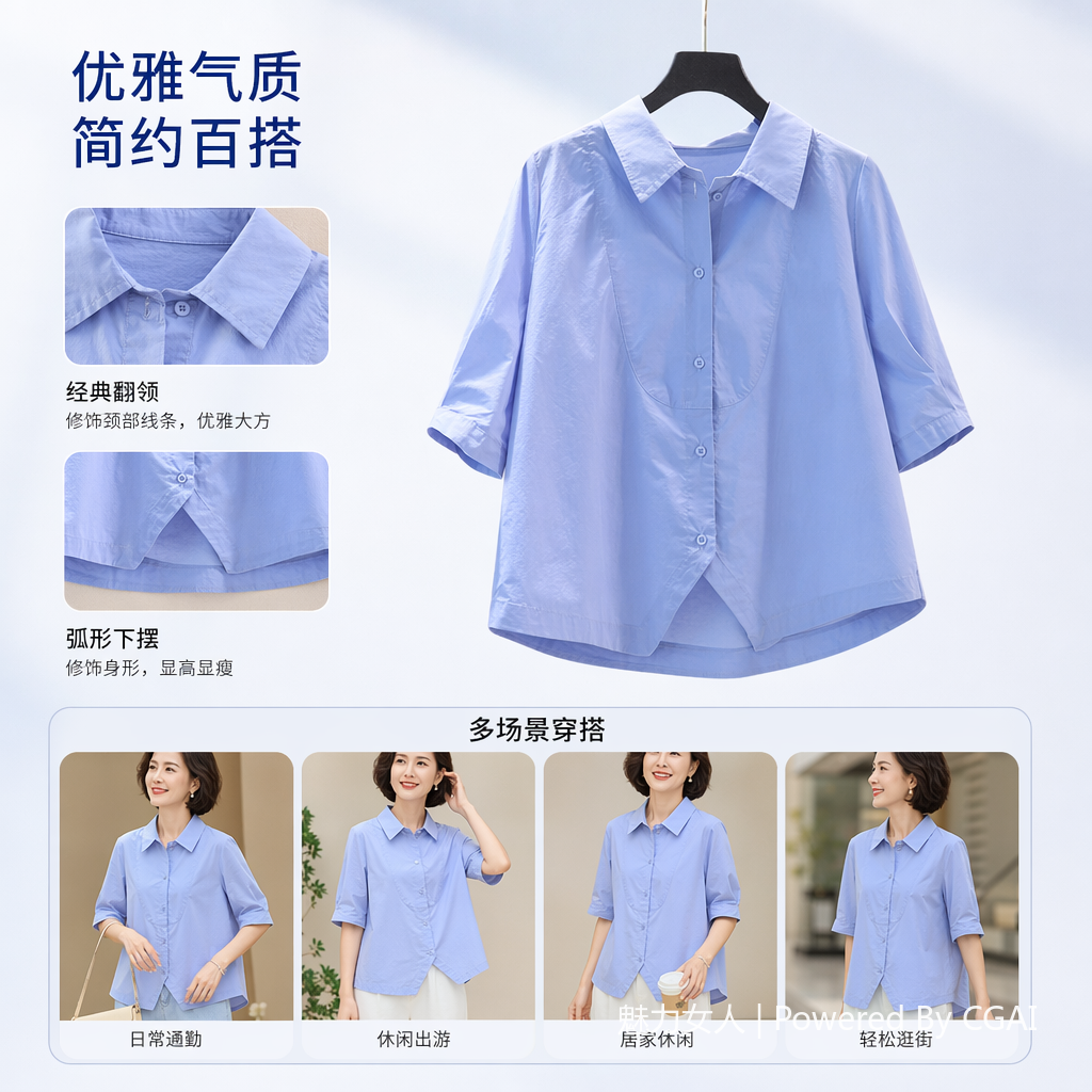 A fresh and artistic style women's 7-inch sleeve casual shirt 2025 summer new style versatile and elegant top 092811887 Specification image