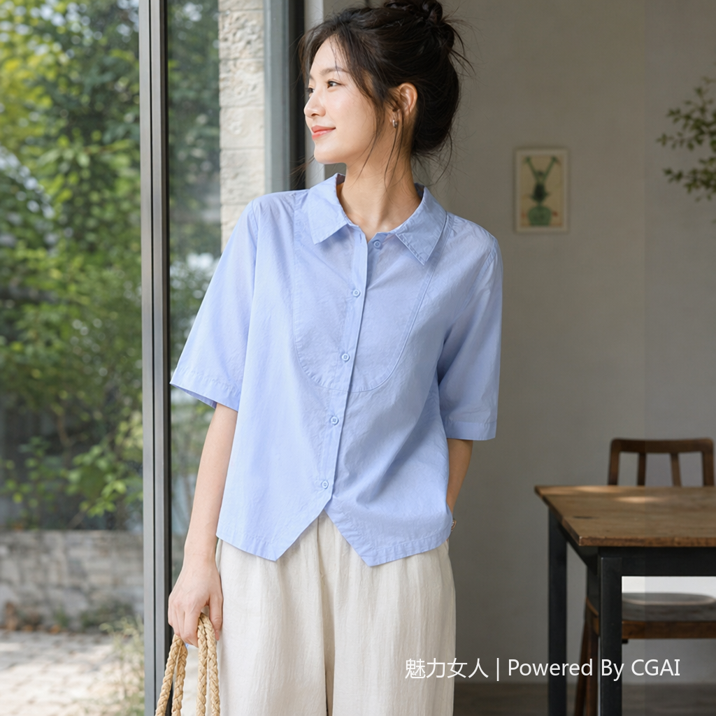 小清新文艺范衬衣女7分袖休闲衬衫2025夏季新款百搭气质上衣092811887