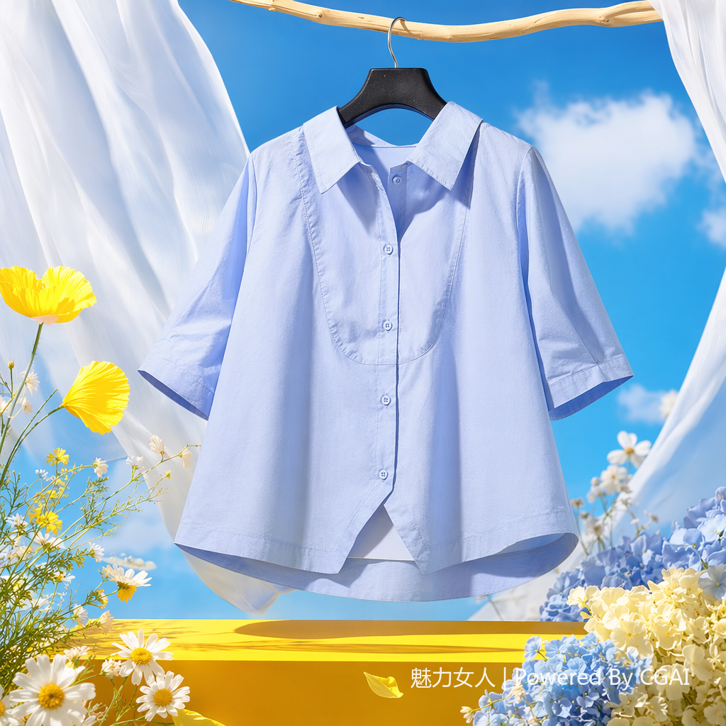 A fresh and artistic style women's 7-inch sleeve casual shirt 2025 summer new style versatile and elegant top 092811887 details Picture