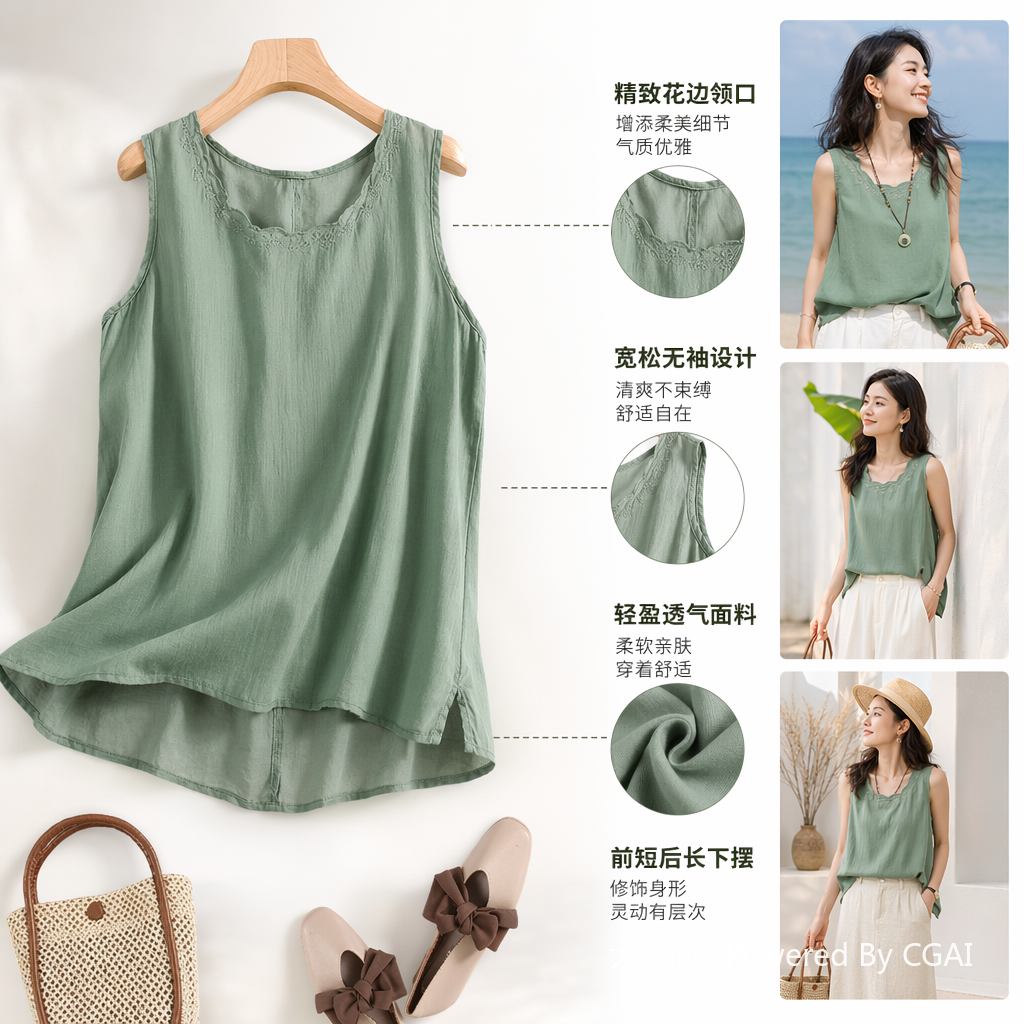 Artistic, retro and elegant sleeveless vest, summer new style cotton and linen, comfortable and versatile, round neck, inner and outer wear, women's clothing 114459863 Specification image