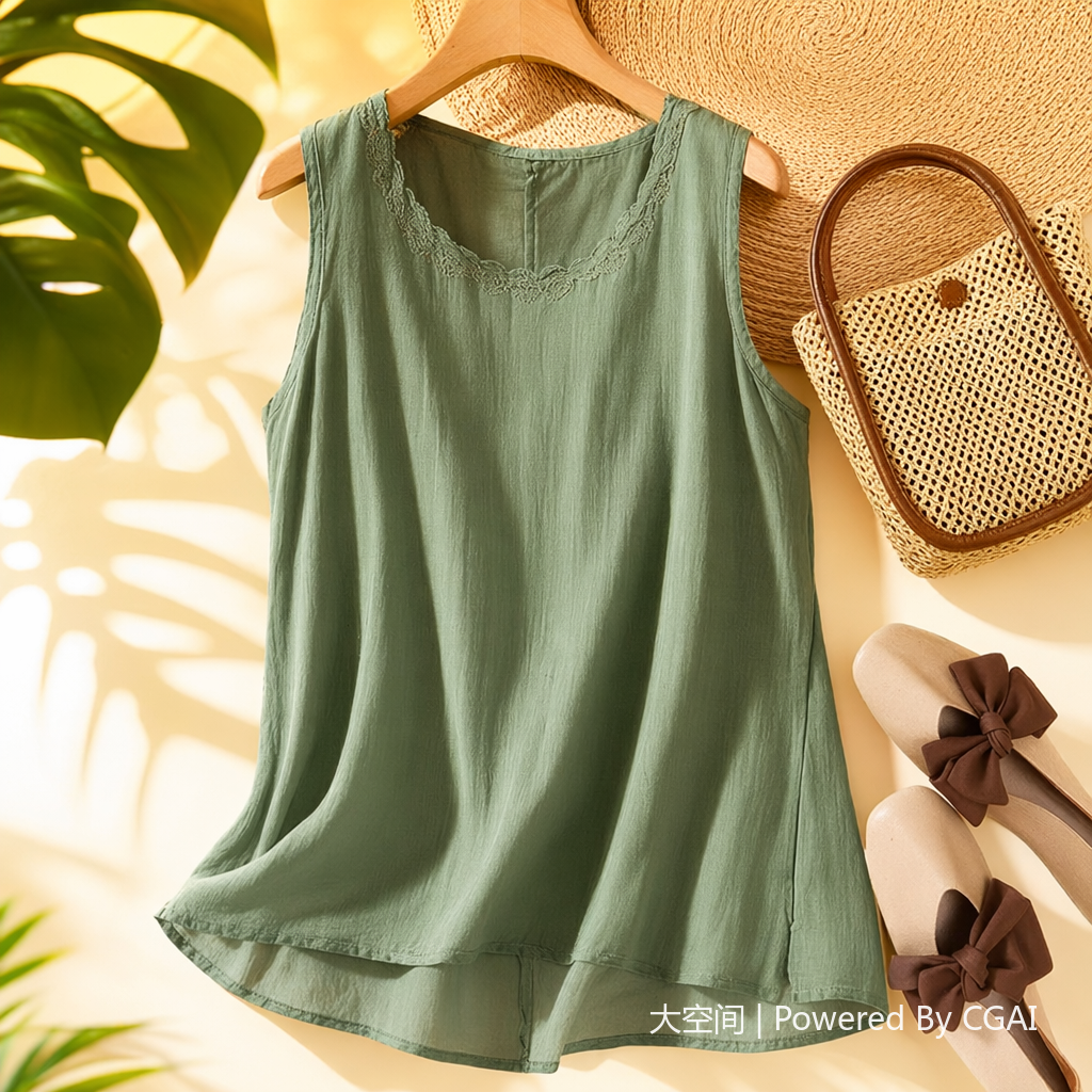 Artistic, retro and elegant sleeveless vest, summer new style cotton and linen, comfortable and versatile, round neck, inner and outer wear, women's clothing 114459863 details Picture