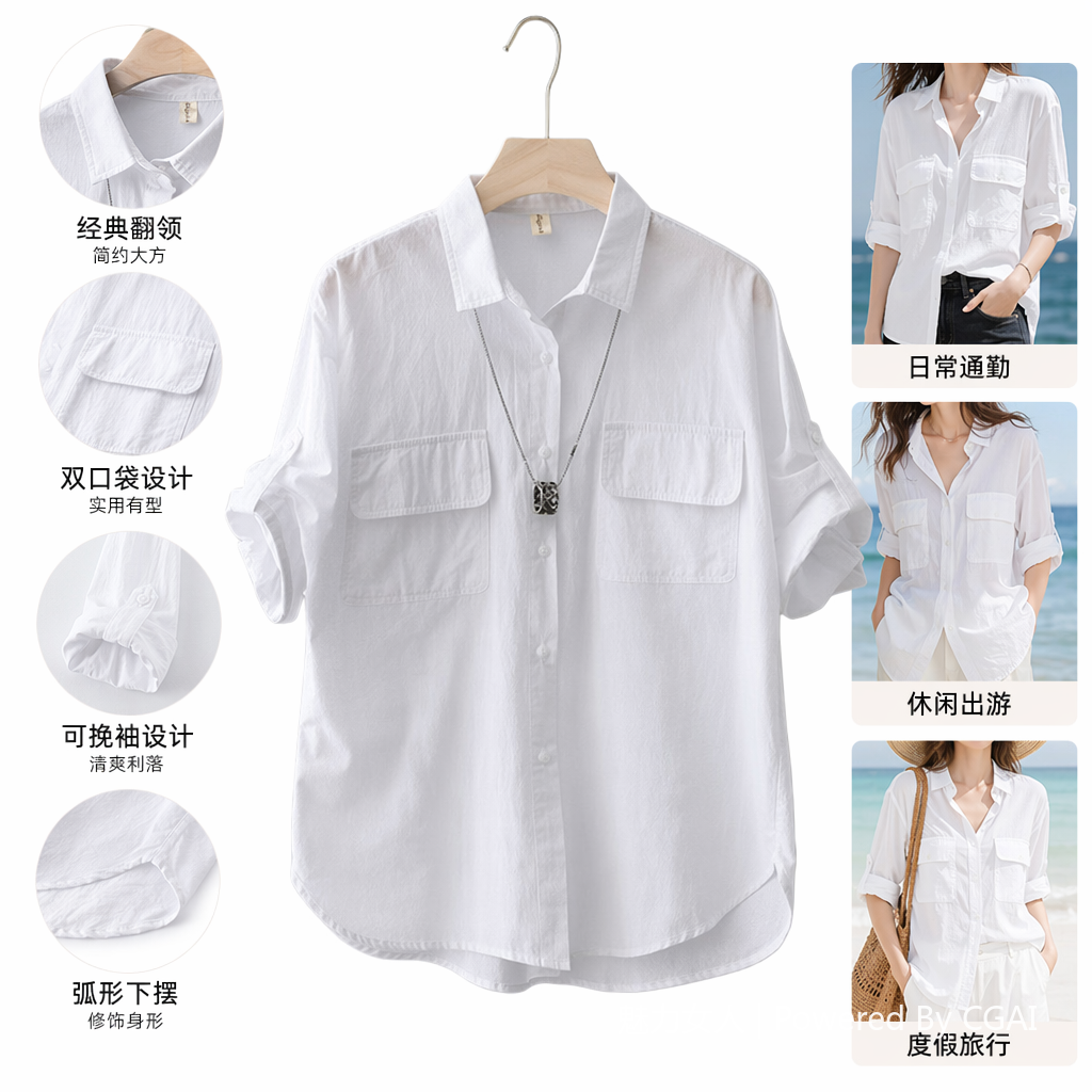 A short-sleeved, breathable and skin-friendly women's formal white shirt made of ramie Specification image
