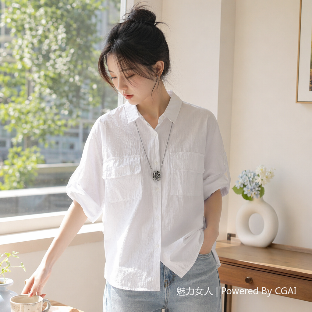 苎麻材质女式正装白衬衫 短袖时尚上衣 透气亲肤