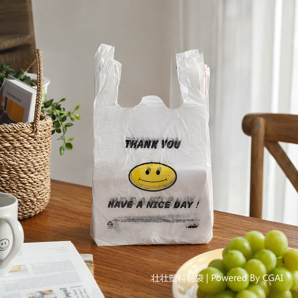 20*30 plastic vest bag with smiling face pattern, supermarket packaging bag details Picture