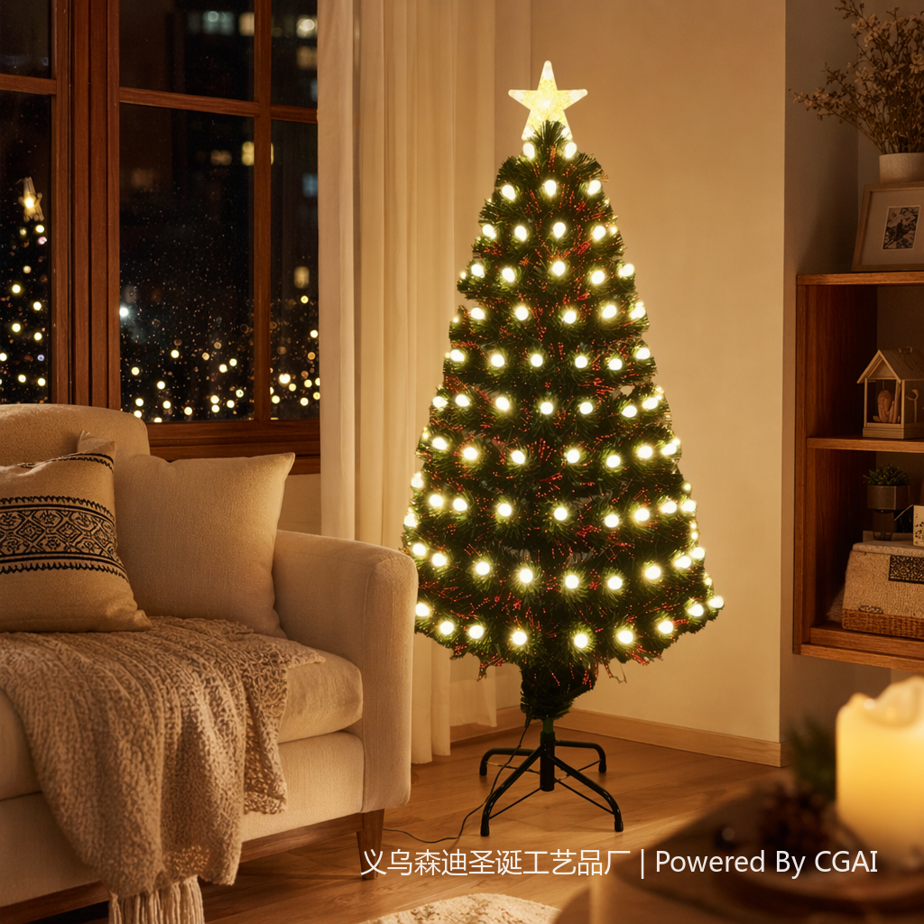 A green fiber-optic folding Christmas tree decorated with glowing stars adorns Christmas gift items details Picture